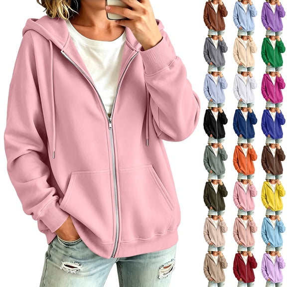 Zip Up Hoodie Women Long Sleeve Full Zipper Oversized Sweatshirt Comfy Travel Track Jacket Fall Clothes with Pockets,XL