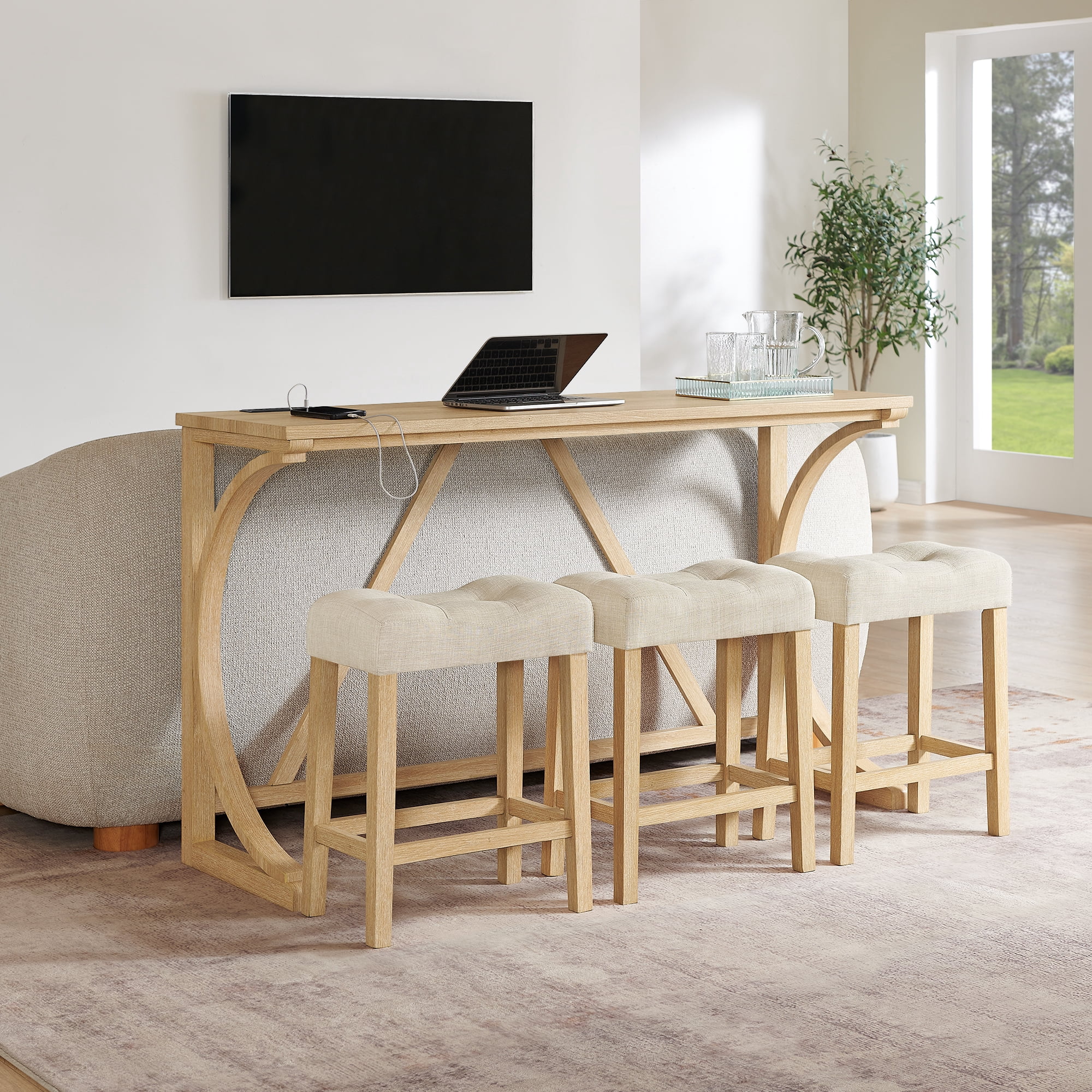 Dining Table, Bar Table Set&nbsp;with Built-In USB/Type-C/AC Power Outlets, Includes 3 Linen Upholstered Stools, Solid Wood Frame Set for Kitchen, 59 Inch Light Oak