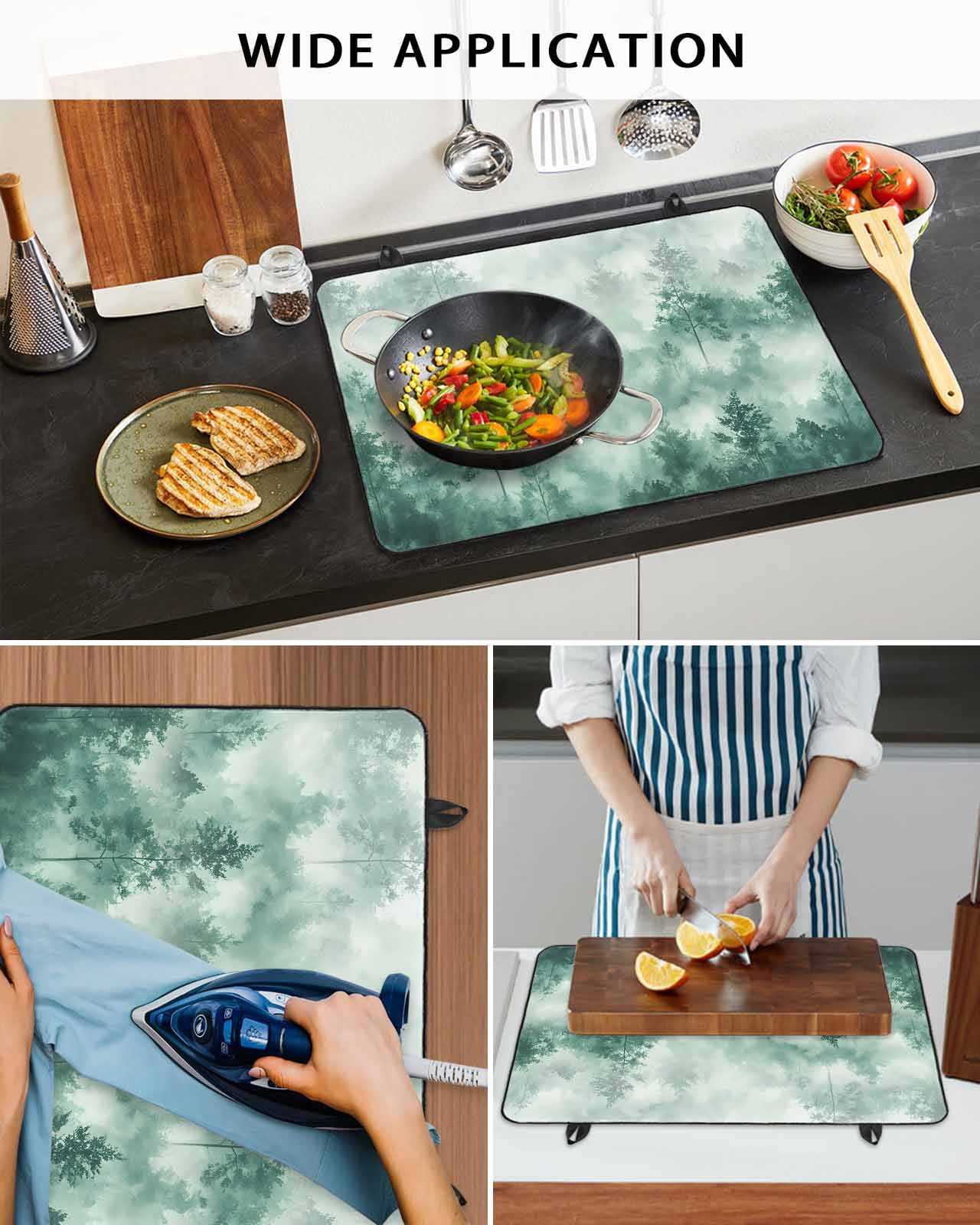 nqOlkjepod Large Induction Cooktop Protector Mat 24"x21", Green Forest Rustic Stove Top Covers for Electric Stove, Vintage Tree Scenery Watercolor Stove Burner Cover Mats, Glass Top Stove Cover