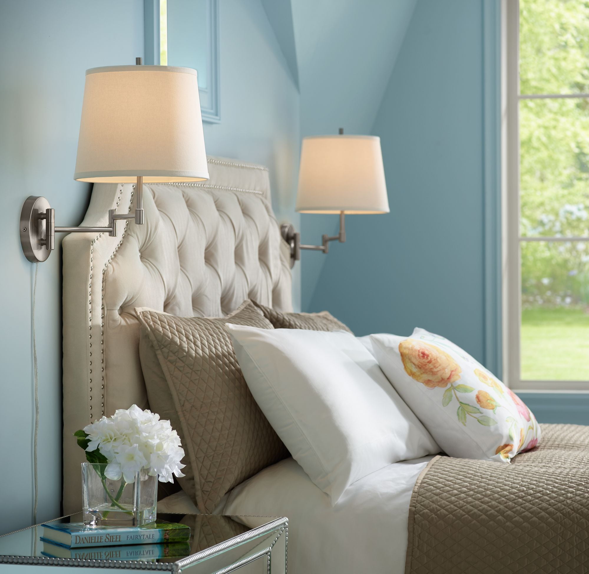 360 Lighting Modern Swing Arm Wall Lamp Set Of 2 Brushed Nickel Off 360 Lighting Modern Swing Arm Wall Lamp Set Of 2 Brushed Nickel Off White Shade For Bedroom Living Room Reading