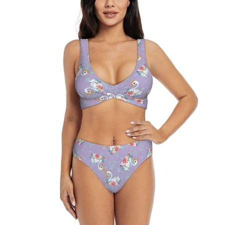 Zeuib Swan With Stars High Waisted Tummy Control Bikini Set - Knot Front Push Up Top & Cheeky Thong Bottom  Two-Piece Swimsuit for Women-Large