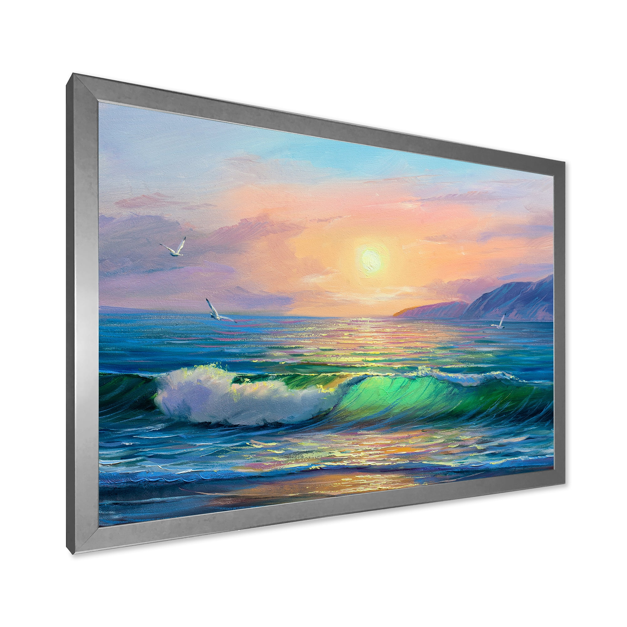 Designart 'Blue Waves Breaking At The Beach Landscape V' Nautical & Coastal Framed Art Print