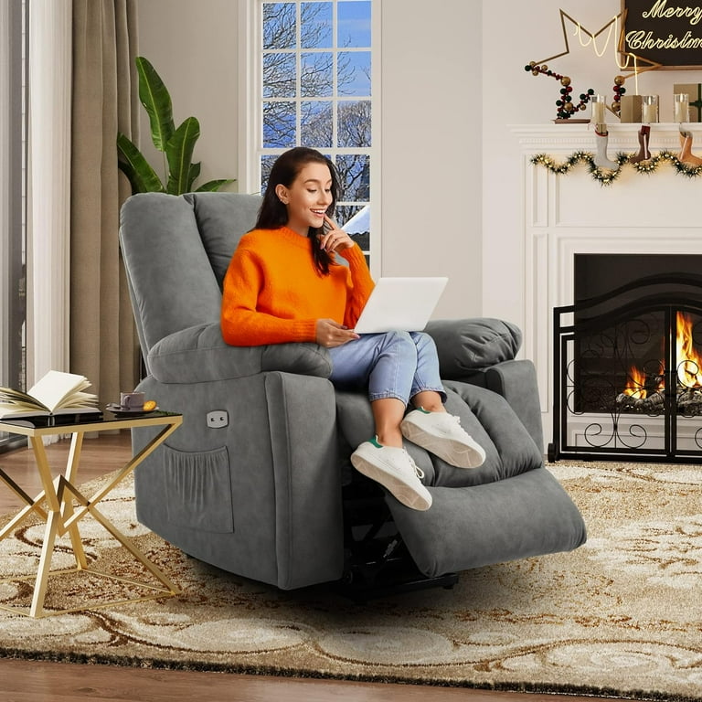 Dextrus Recliner Chair with Massage for Elderly Technical Cloth Recliner Sofa Living Room Chair with USB Ports Side Pockets 2 Concealed Cup