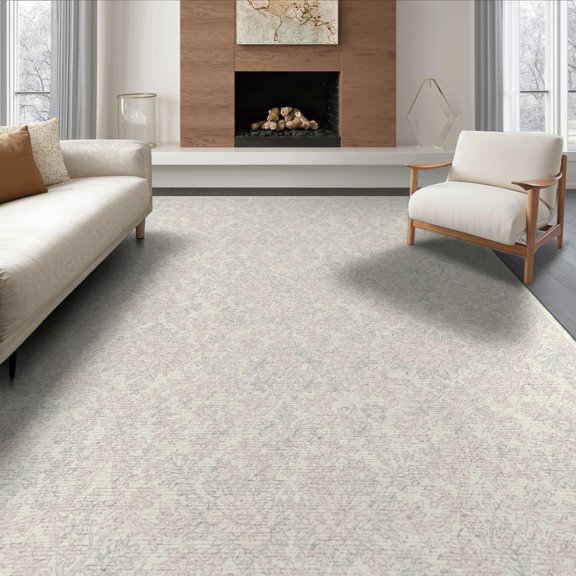 ODIKA 8'x10' Washable Area Rug Non-Shedding, Easy Care, Vintage Distressed Pink Damask Pastel Blooms Scroll Lattice Border for King Size Bedroom Under Bed, Master Suite