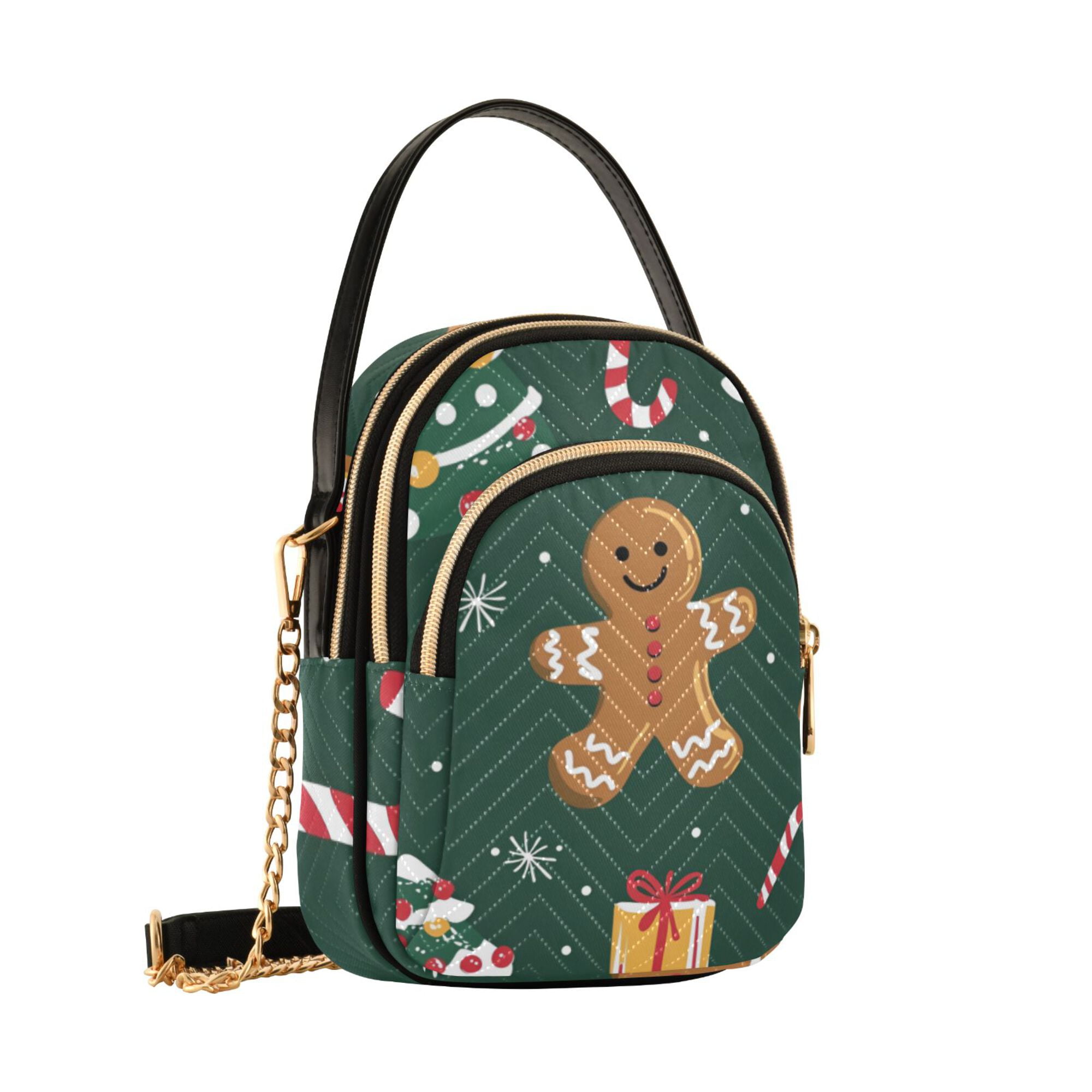 FORMRS Crossbody Bag for Women Quilted Travel Shoulder Cell Phone Purse with Chain Strap Handbag, Green Christmas Gingerbread