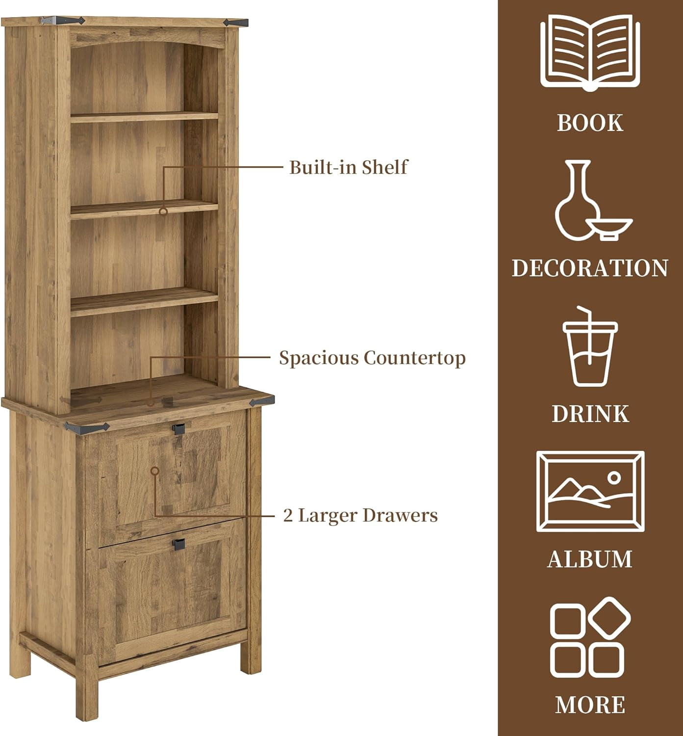 FIAKOA Bookshelf Set of 2, 71" Tall Rustic Wood Bookcases with Adjustable Shelves and File Drawers, Farmhouse Bookshelves for Home Office or Living Room(Natural Wood)