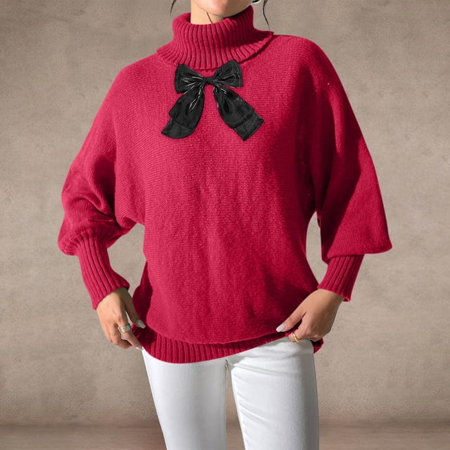 TIMIFIS Chandail Col Roulé Rouge pour Femmes avec Nœud Col Montant Manches Longues Chandail Mode Couleur Unie Doux Automne Hiver Confortable Décontracté Élégant Hauts pour Femmes