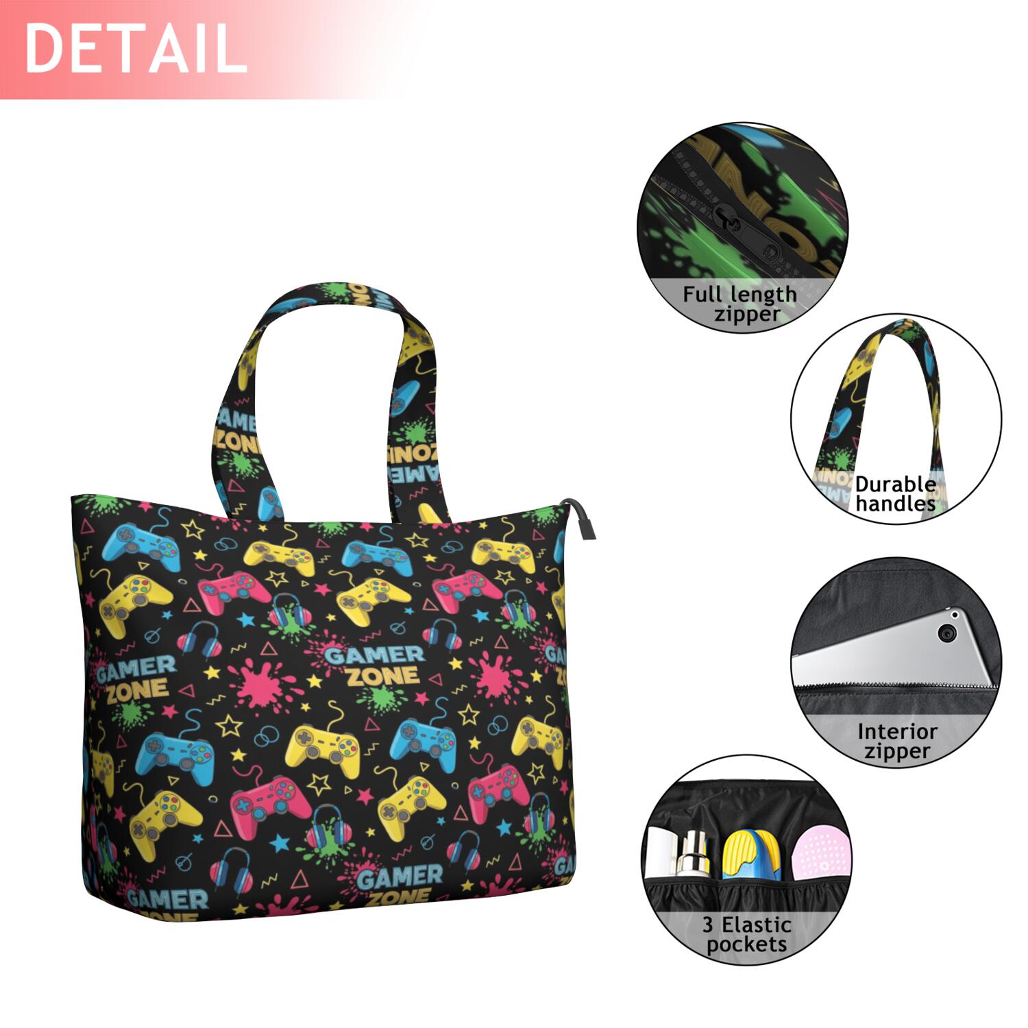 Colorful Controllers Games Icons Black Pattern Travel Tote Bags for Women Carry On,Large Weekender Bags for Women Travel,Multi Functional Duffle Bag for Work,Shopping,Sports