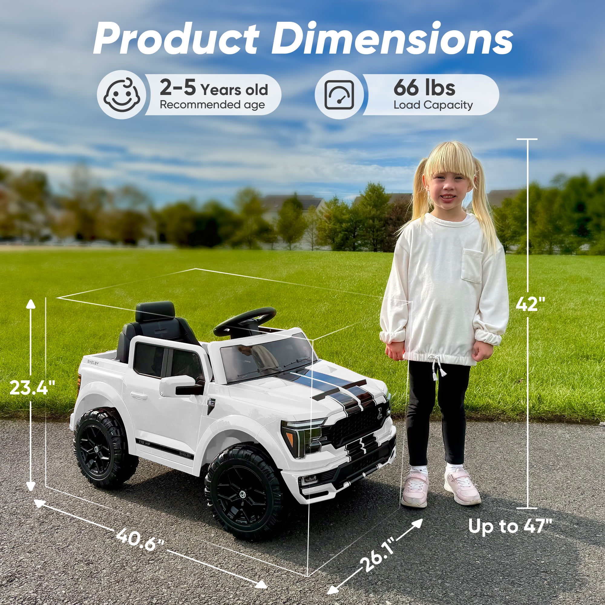 Hikiddo Electric Car for Kids, Licensed Ford-Shelby F-150 12V Ride on Truck Toys for Toddlers w/ Remote, 2-Hour Drive Time - White