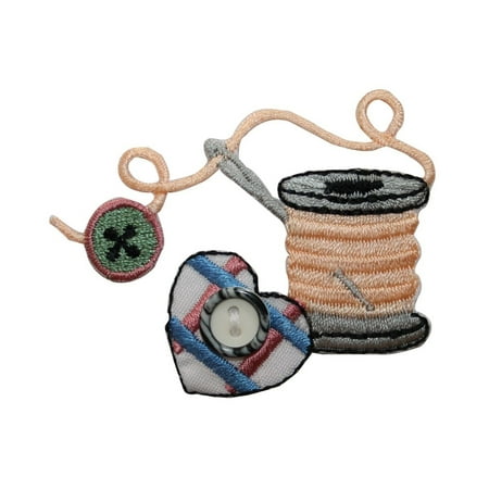- ID 7546 Pink Thread Spool Patch Heart Button Sewing Embroidered Iron On Applique
