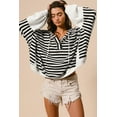 thumbnail image 3 of Women's Black and White Oversized Striped Henley Hooded Top with Dolman Sleeves - [ZhiHiMeRi] | (US 12-14)L, 3 of 6
