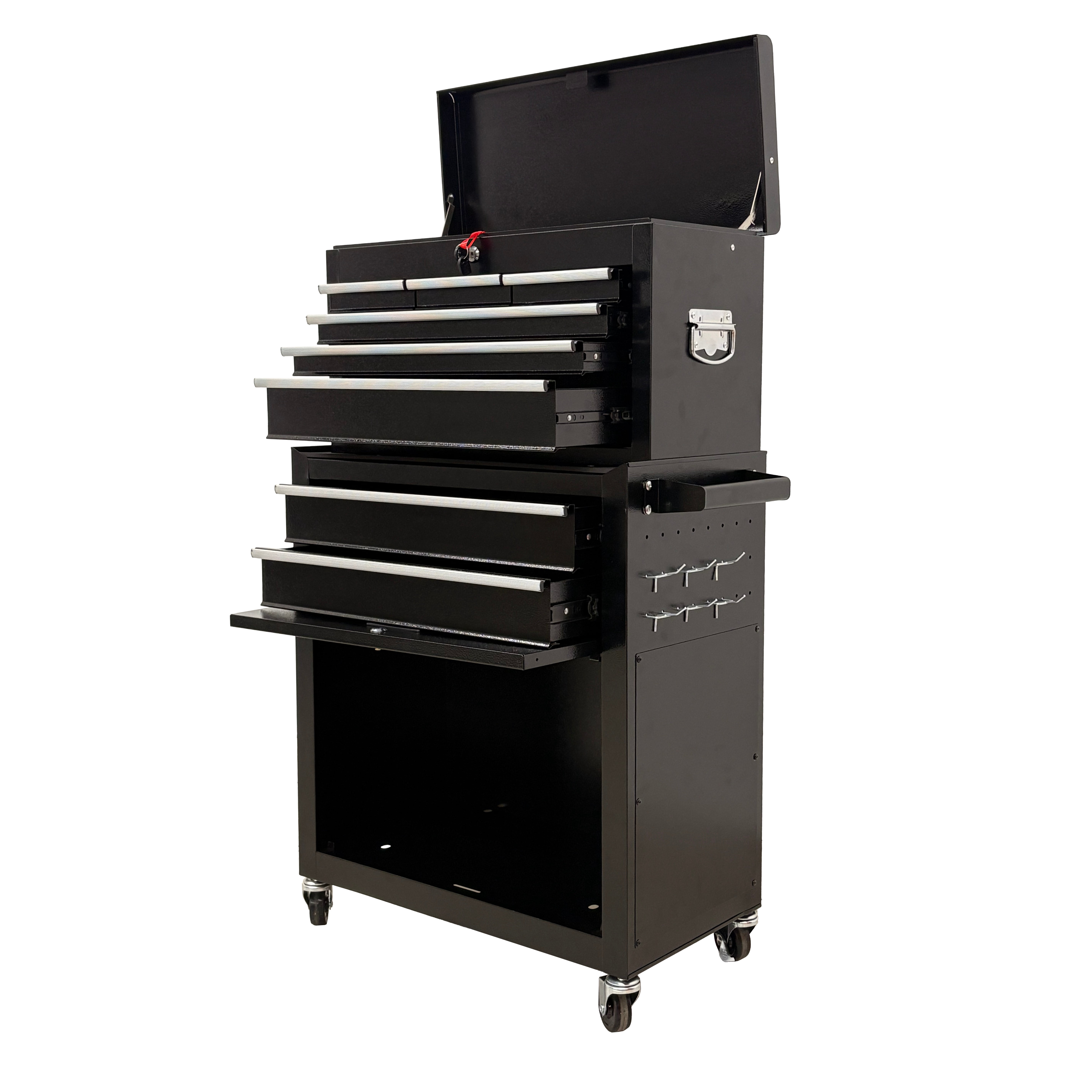8 Drawer High‑Capacity Rolling Tool Chest, 2‑in‑1 Detachable Top Box,Metal Tool Storage Cabinet with Drawer Liners, Lockable Wheels & Side Hooks, Heavy‑Duty Tool Cart for Garage Workshop, Black