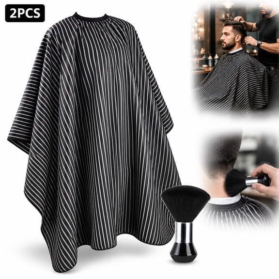 Professional Hair Cutting Cape with Neck Duster Brush , Large Waterproof Salon Hairdresser Cape for Men and Women, Barber Cloak for Haircuts, Styling, Trims , Black & White Stripes