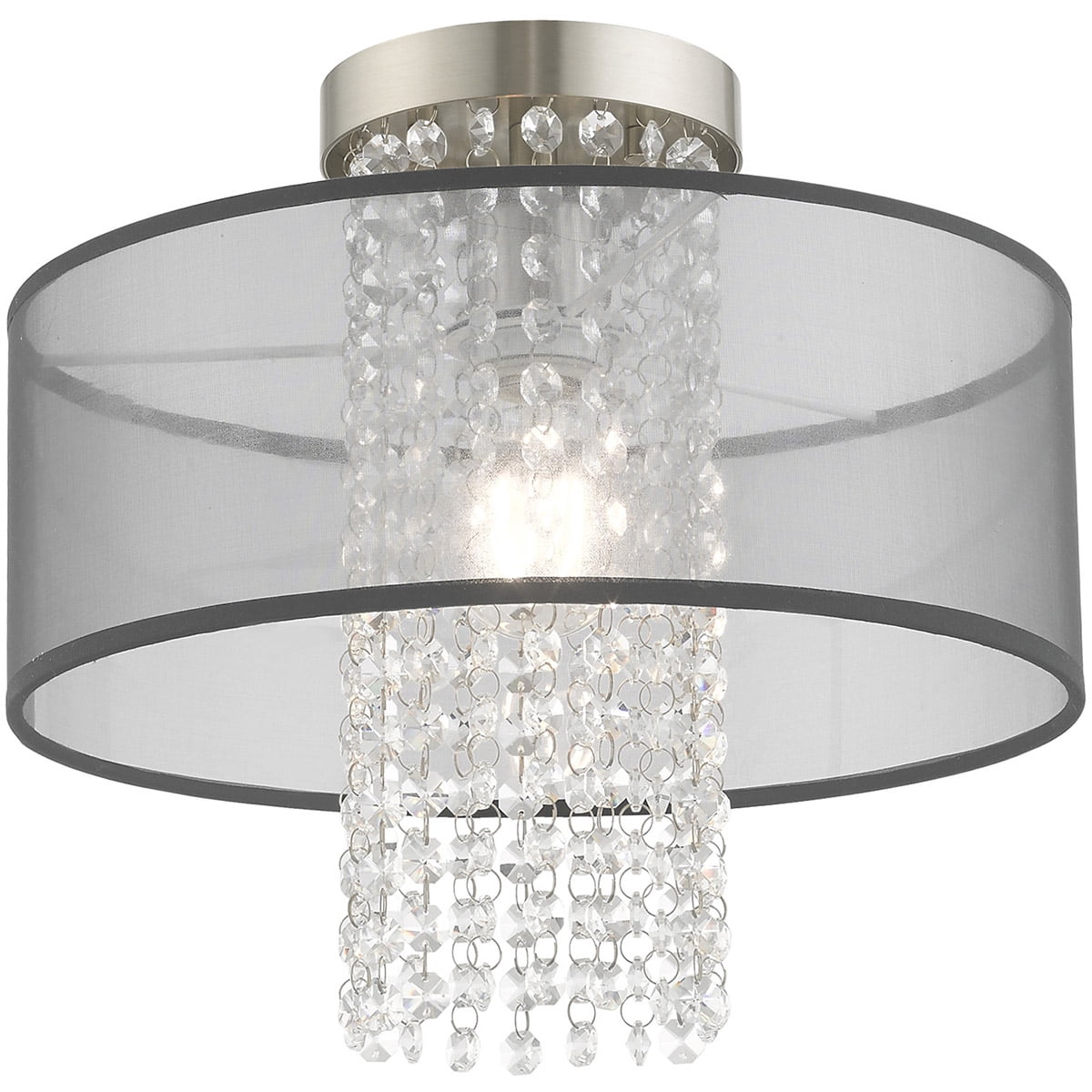 1 Light Brushed Nickel Ceiling Light fixture with Clear Crystals/ Hand Crafted Translucent Black Fabric Shade