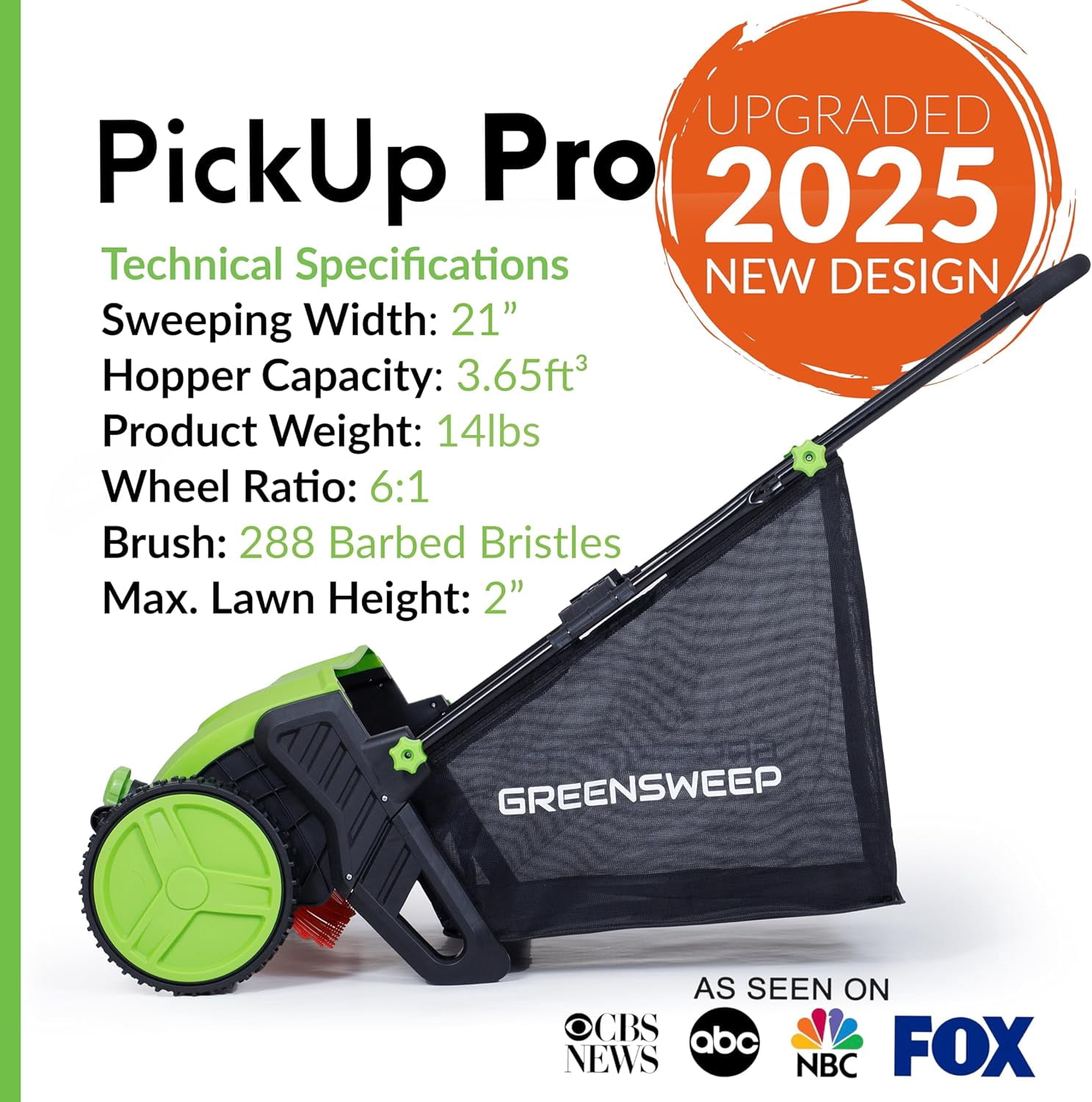 GreenSweep PickUp Pro 2 Leaf & Lawn Sweeper, Push Powered Manual Yard Sweeper with 3.65 ft³ Hopper and Tool-Free Height Adjustment