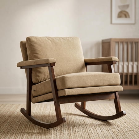 Mid Century Modern Accent Chair,Compact Glider Rocking Chair for Indoor Use, Small Upholstered Rocker Chair for Bedroom Living Room, Accent Chair, Khaki