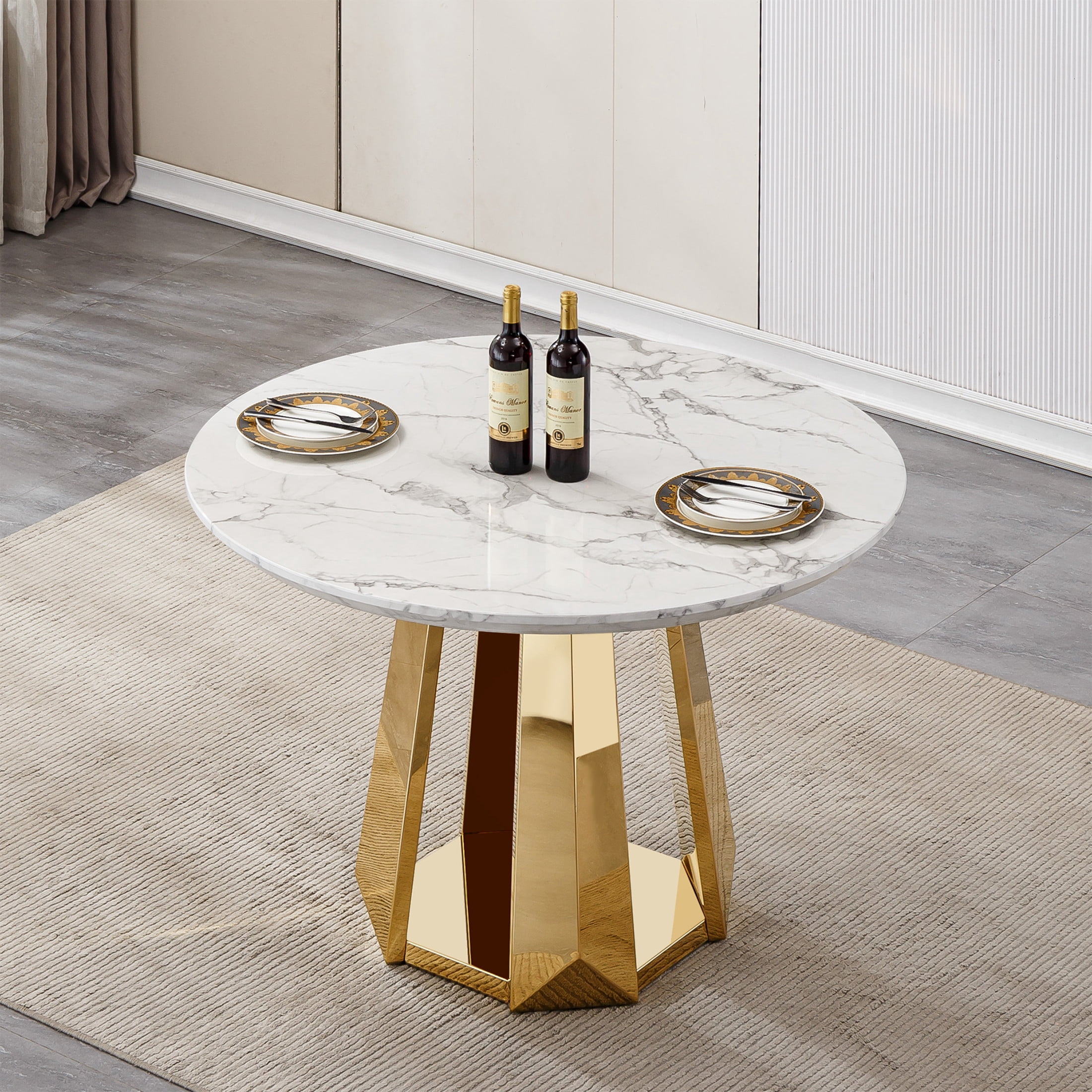 Noble House Modern 47" Round Faux Marble Dining Table with Stainless Steel Base, for Kitchen, Gloss White & Gold