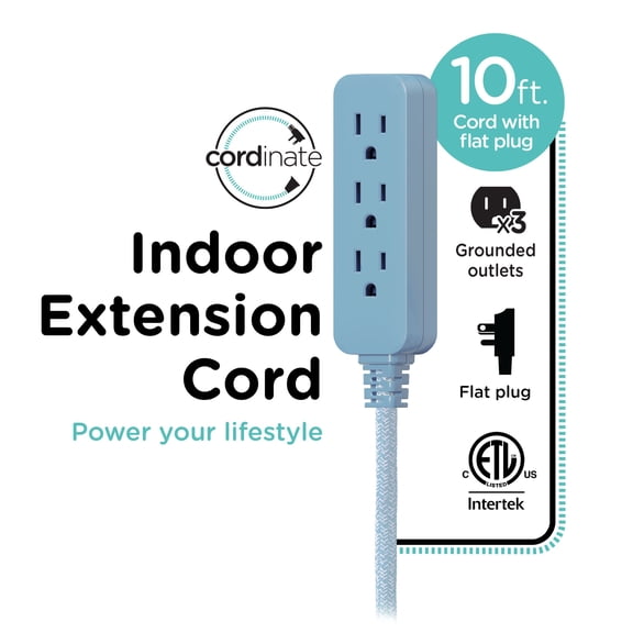 Cordinate Extension Cord, 3 Grounded Outlet, 10ft Braided Cord, Borrowed Blue
