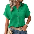 thumbnail image 3 of YDFCWXW Button Down Dressy Shirts for Womens Gauze Shirts Casual Short Sleeve Textured Collared Summer Work Blouse Clothes Green, L, 3 of 8