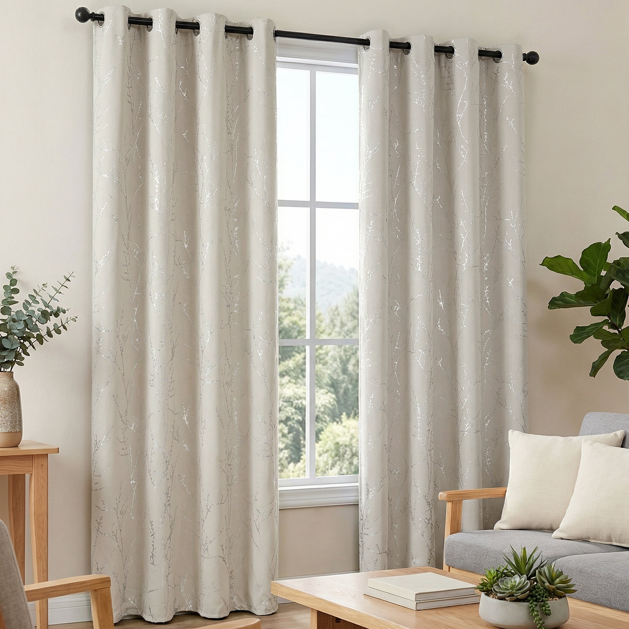 ZOPZO Blackout Curtains, Thermal Insulated, Light Beige, 52W x 84L Inch, Room Darkening Drapes Tree Branches Pattern for Bedroom Modern Home