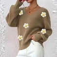 thumbnail image 6 of Cute Sweaters for Women Flowers Applique V Neck Comfy Knit Pullover Tops Long Sleeve Casual Trendy Fall Clothes (L, Khaki), 6 of 7