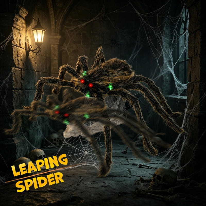 Halloween Animated Jumping Spider Decoration, Scary Electric Bouncing Spider with Sound and Light Effects, Realistic Plush Spider Prop for Haunted Houses, Parties, Yards, and Indoor/Outdoor Decor