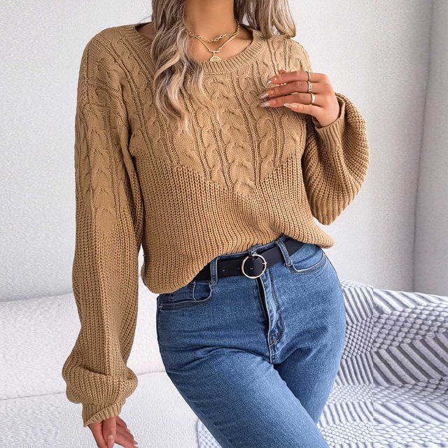 Suéter de cuello redondo para mujer, moda femenina, manga larga, cuello redondo, suelto, blusa, suéter de punto, suéter para mujer
