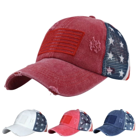 Women's American Flag Embroidered Baseball Cap Distressed Washed Adjustable Mesh Back Trucker Hat for Outdoor Wear(Red)