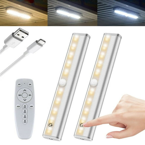 Under Cabinet Lights, USB Rechargeable Battery Operated Lights with Remote Control, Dimmable Led Closet Lights, Wireless Under Counter Lights Stick-on Touch Night Light for Kitchen 2 Pack