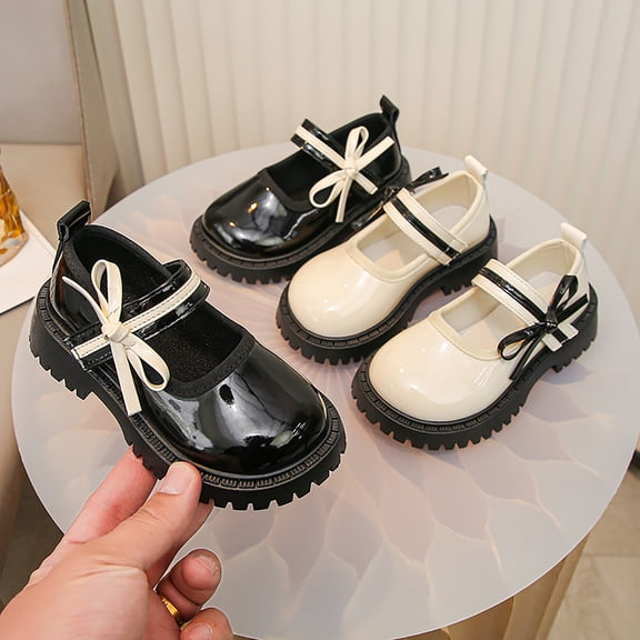 Girls Lug Sole Mary Jane Shoes Patent Leather Bow Dress Shoes Round Toe Flat Formal Casual Footwear