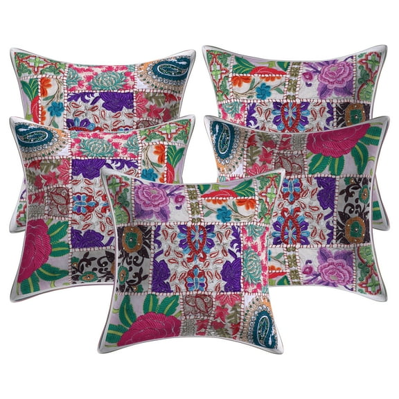 Stylo Culture Ethnic Cotton Home Decor Throw Pillow Covers White 12 x 12 Bohemian Vintage Patchwork Ethnic Sofa Cushion Covers 30x30 cm Living Room Abstract Square Pillow Cases | Set Of 5
