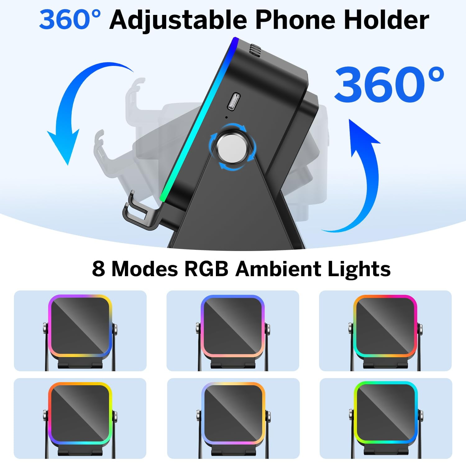 Wireless Induction Bluetooth Speaker 5-in-1 with Phone Stand, 360° Adjustable Holder, RGB Light, Rechargeable, for iPhone Android iPad, Black