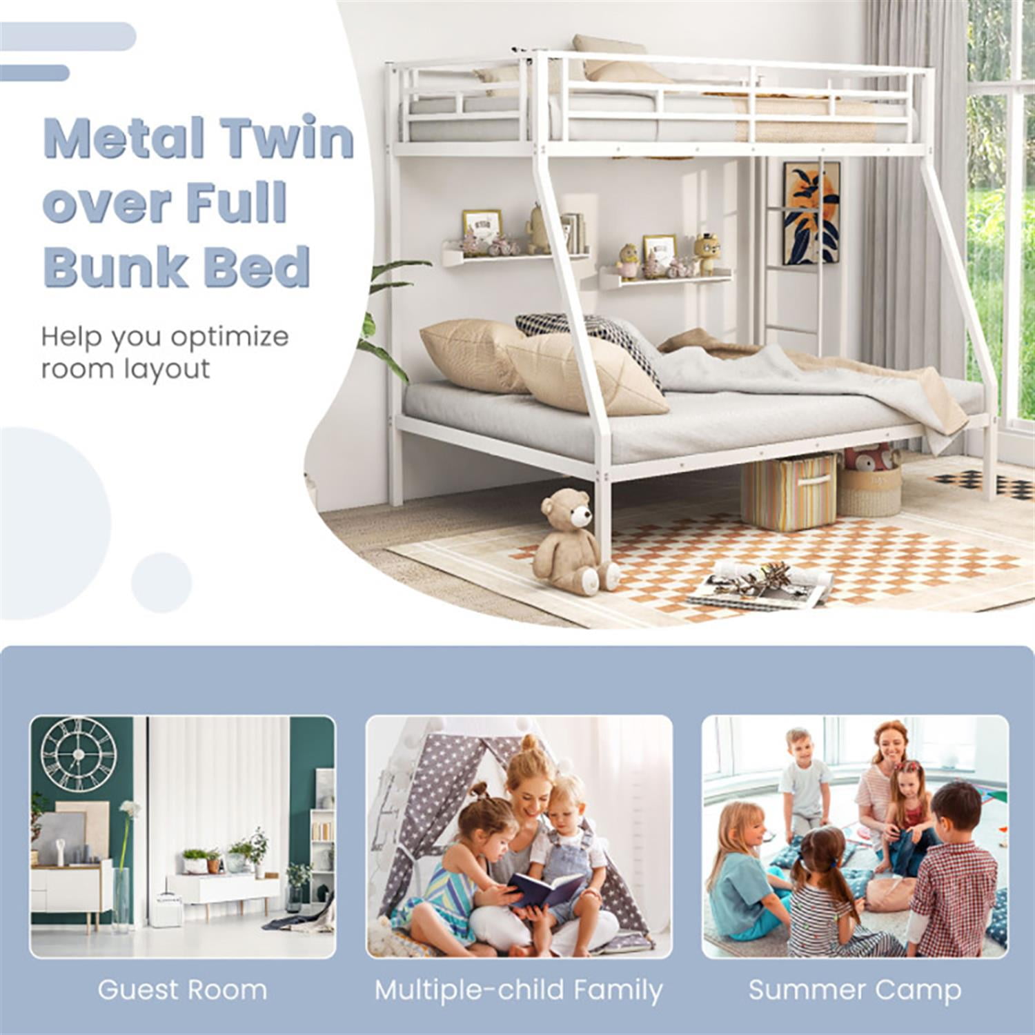 Demi Bonn Twin Over Full Bunk Bed with Safety Rail and Ladder, Twin Bunk Beds, Space-saving Metal Slatted Bed Frame, No Box Spring Needed, White