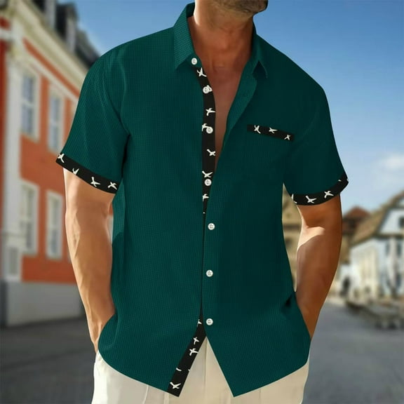 Xunlbb Men Tops Under $10 Men Casual Color Blocked Turndown Collar Button Short Sleeved Shirt Gift for Mmen, Green S