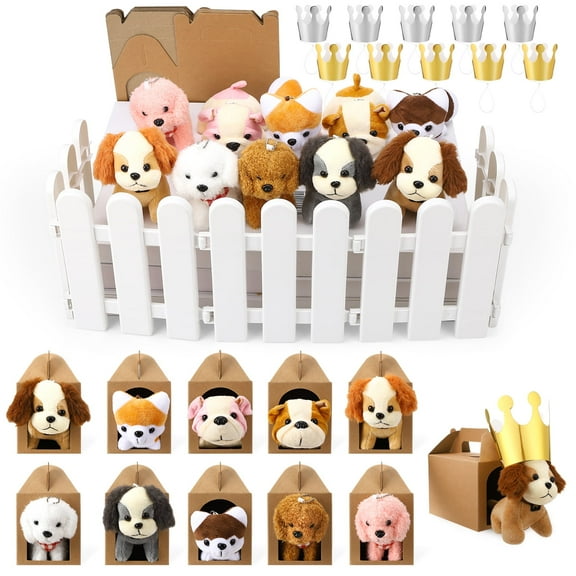 sixwipe Mini Stuffed Animals Bulk - 36 Pcs Adopt A Puppy Party Favors Kit with Small Plush Dogs, Hats, Boxes & Fence for Kids Party Supplies