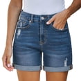 thumbnail image 2 of Jean Shorts for Women High Waisted Button Ripped Stretchy Rolled-up Denim Shorts with Pockets Dark Blue XXL, 2 of 7