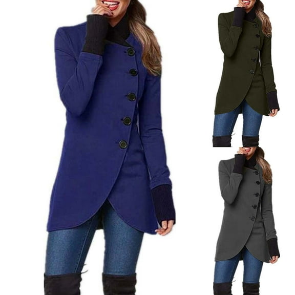 Lovskoo Winter Coats for Women 2023 Trendy Long Sleeve Button Solid Color Semi-Open Collar Trench Coat Olive Green