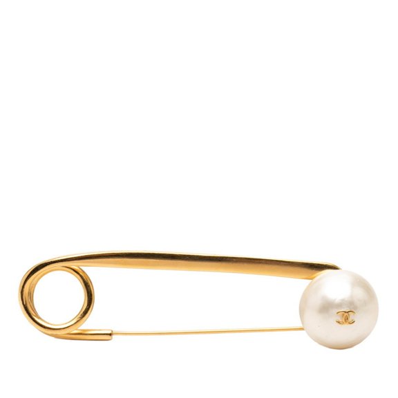 Pre-Owned Chanel Coco Mark Vintage Brooch Safety Pin 97P Gold Plated Faux Pearl Women's CHANEL
