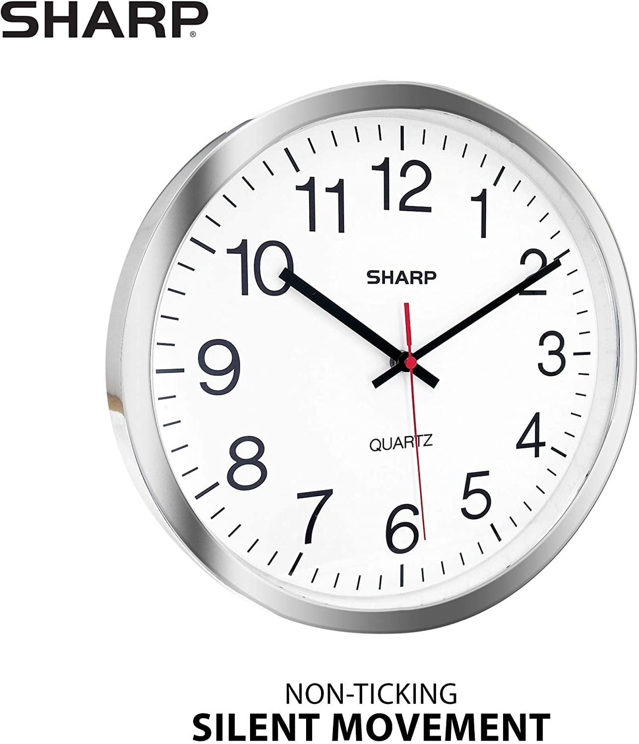 Sharp Modern 12" Quartz Round Wall Clock, Silent Non-Ticking, Silver/Chrome Frame for Home & Office