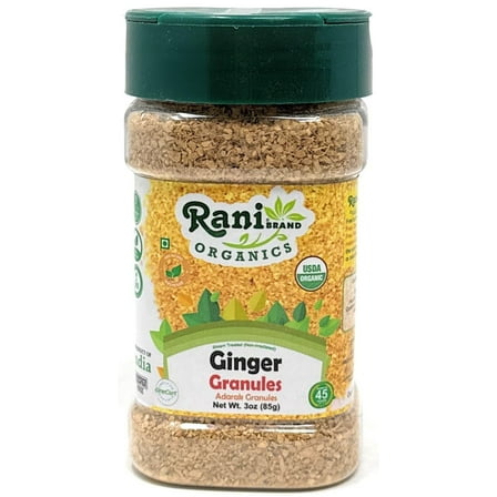 Rani Organic Granulated Ginger (Adarak Granules) 3oz (85g) PET Jar ~ All Natural | Gluten Friendly | Vegan | NON-GMO | Kosher | No Salt or fillers | Indian Origin | USDA Certified Organic