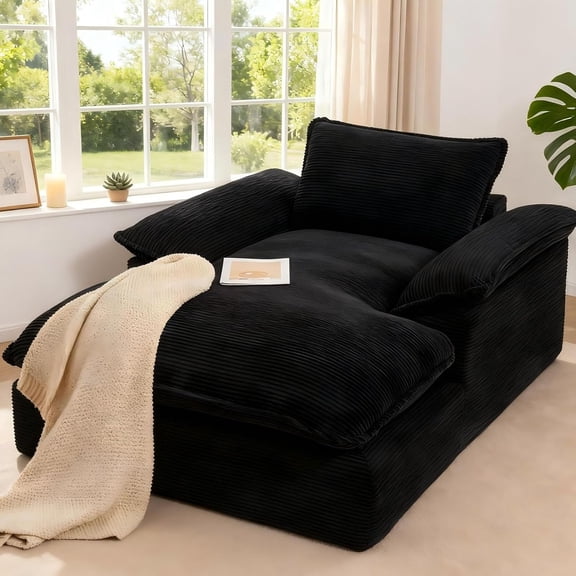VEPXXP 67" Corduroy Chaise Lounge Chair Indoor, Oversized Boneless Cloud Reading Couch with Wide Armrests and Dual-Layer Cushion for Living Room, No Assembly Required, Black