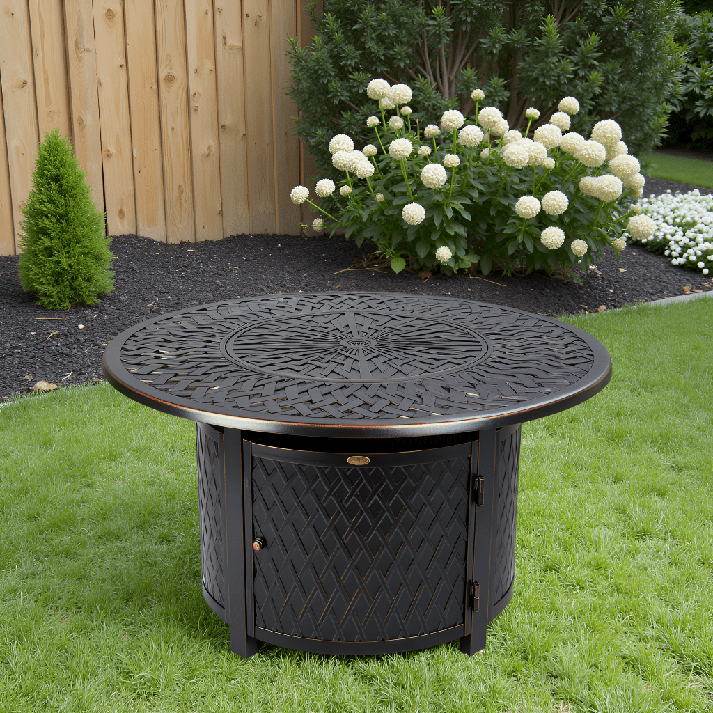 Vulcan Verona Round Woven Aluminum Gas Fire Pit with Nylon Cover & Clear Fire Glass – Bronze Finish, 44"