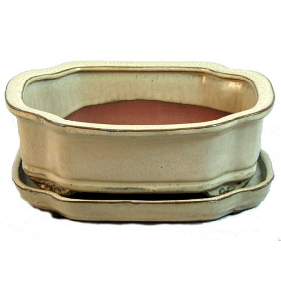 Ceramic Bonsai Pot with Saucer - Beige - Rectangle - 8" x 6.25" x 3"