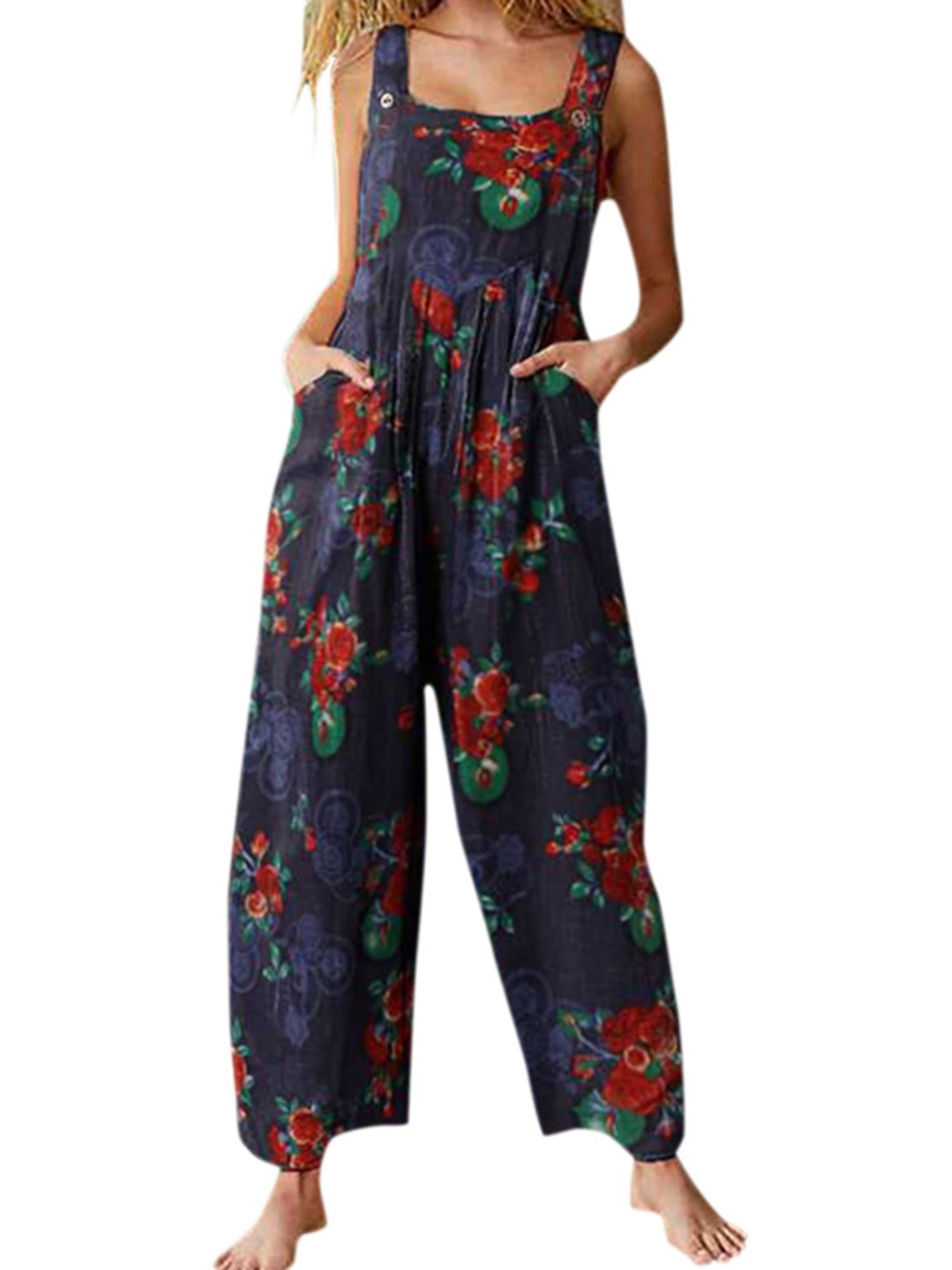 Wadonerful Boho Jumpsuit for Women Floral Print Tie Shoudler Plus Size Overalls with Pockets Wide Leg Rompers Beach Seaside 