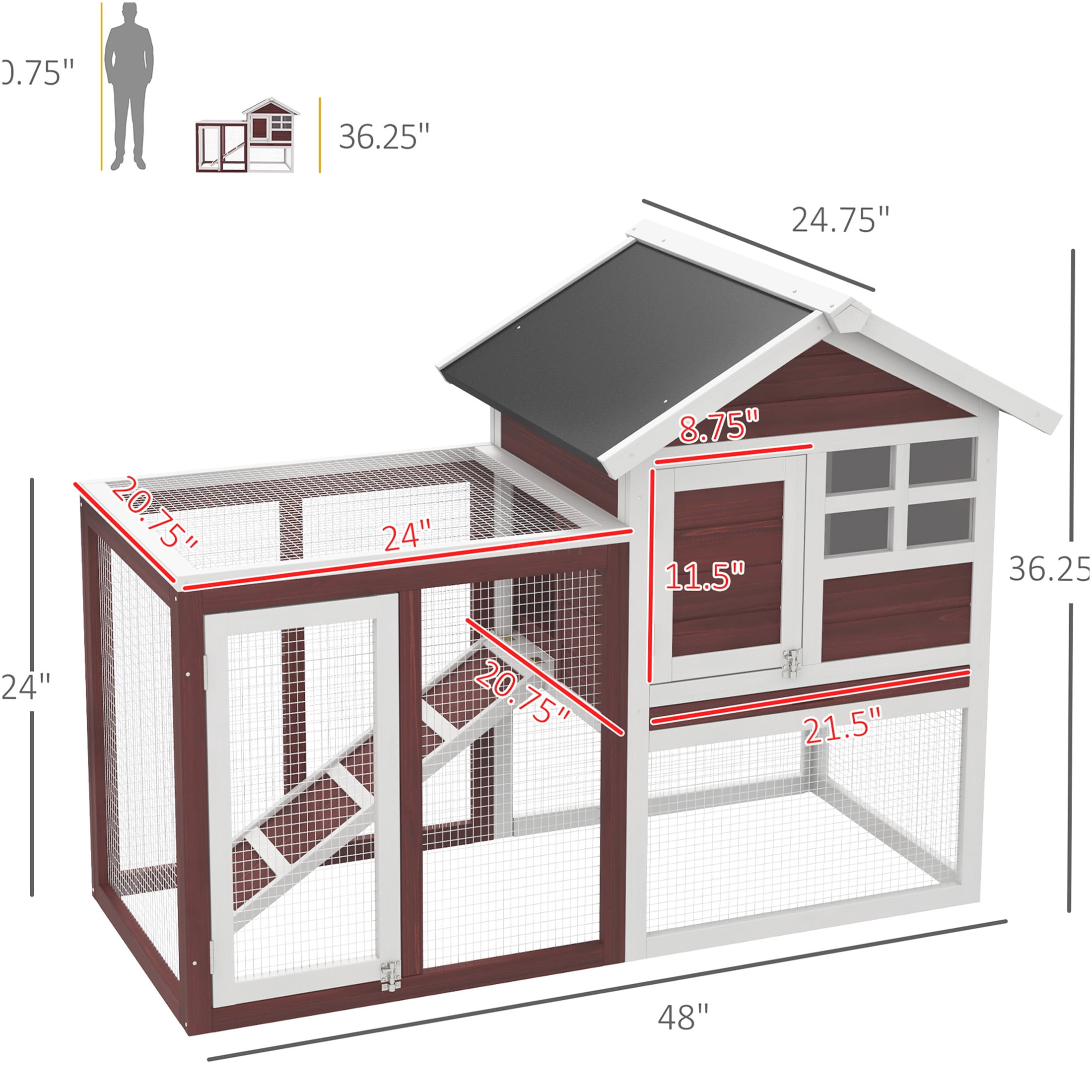 JERFIT 48 Inch Outdoor Rabbit Hutch with Waterproof Roof, Removable Tray, Ramp & Run for 2 Rabbits, Wooden Bunny Cage House, Brown