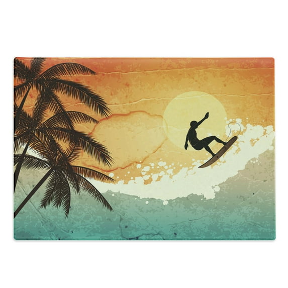 Grunge Cutting Board, Illustration of Tropical Island Surfer on Sea Waves and Palms at Sunset, Decorative Tempered Glass Cutting and Serving Board, Large Size, Orange Turquoise Black, by Ambesonne