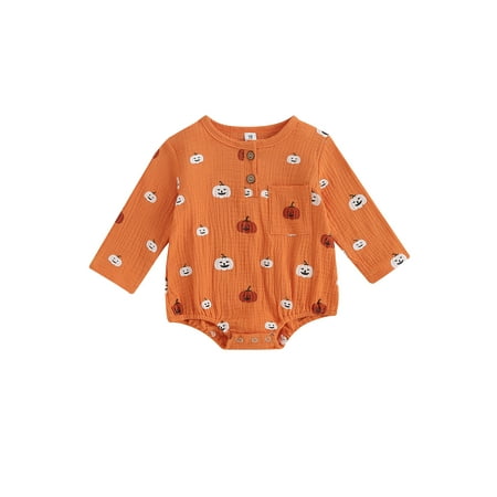 

Jkerther Baby Halloween Romper Long Sleeve Button Down Round Neck Pumpkin Print Bodysuit Newborn Clothes