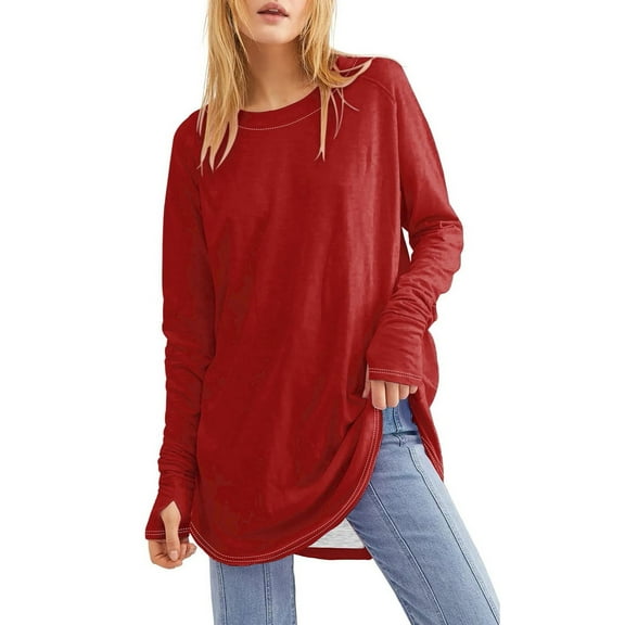Womens Long Sleeve Tops Crew Neck Casual Fashion Solid Color Loose Shirts Chic Summer Trendy Tees