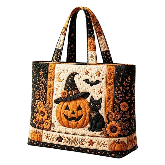 Halloween Tote Bag, Quilted Women Handbag with Pumpkin Cat Bat Print, Large Capacity Shoulder Bag for Daily Use and Holiday Decor