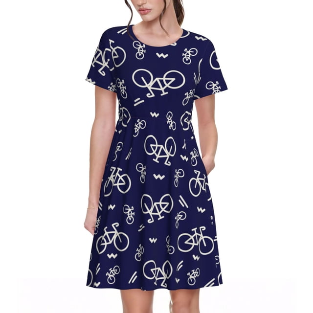 Bixox Robe d'Été à Manches Courtes pour Femmes Robe Ample Longueur Genou avec Poches-Bicyclette1